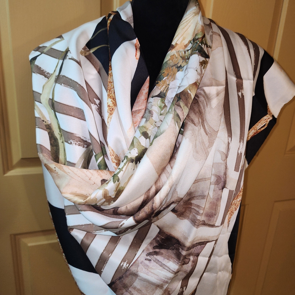 Elegant Floral & Stripe Satin Scarf in Cream, Brown, Black